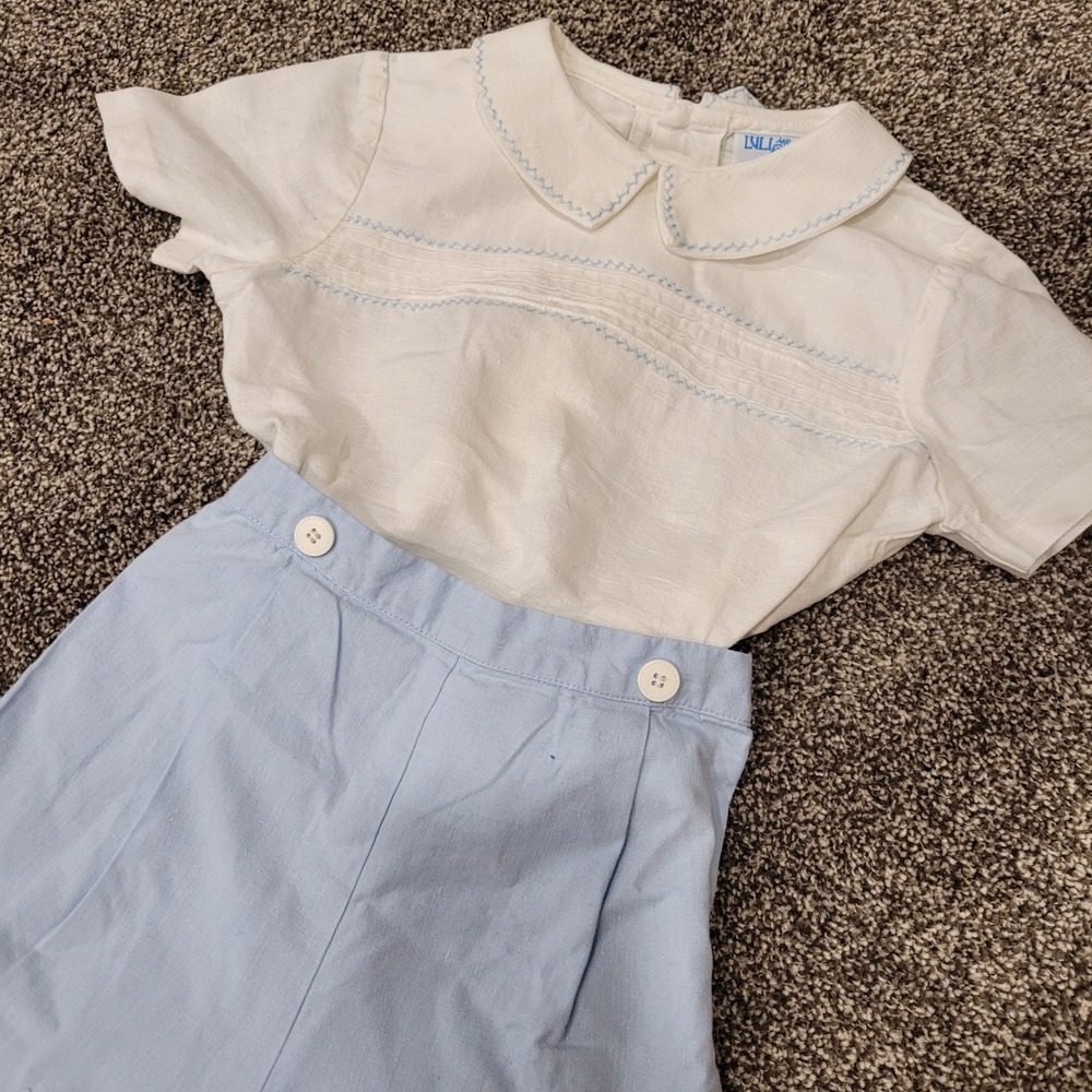 Luli & Me Boys 24M Smocked Bobby Suit Set White Blue Linen Cotton 2pc Outfit - Picture 2 of 9